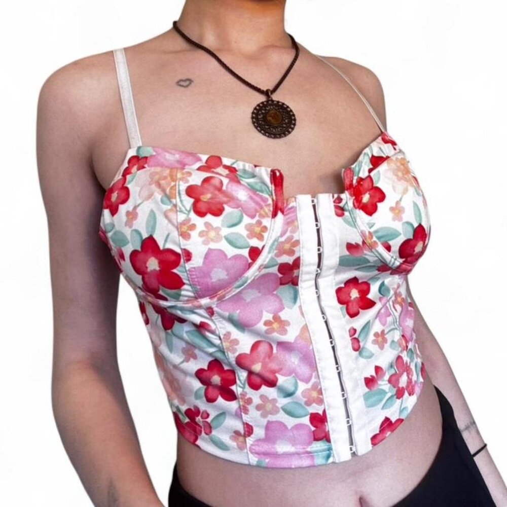 Floral corset top with adjustable straps and zipper